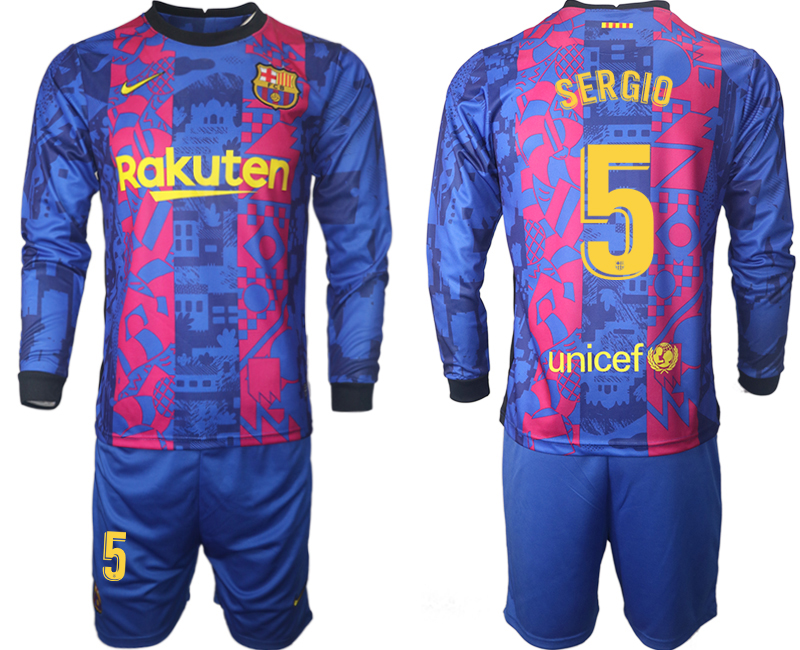 Men 2021-2022 Club Barcelona Second away blue Long Sleeve #5 Soccer Jersey->barcelona jersey->Soccer Club Jersey